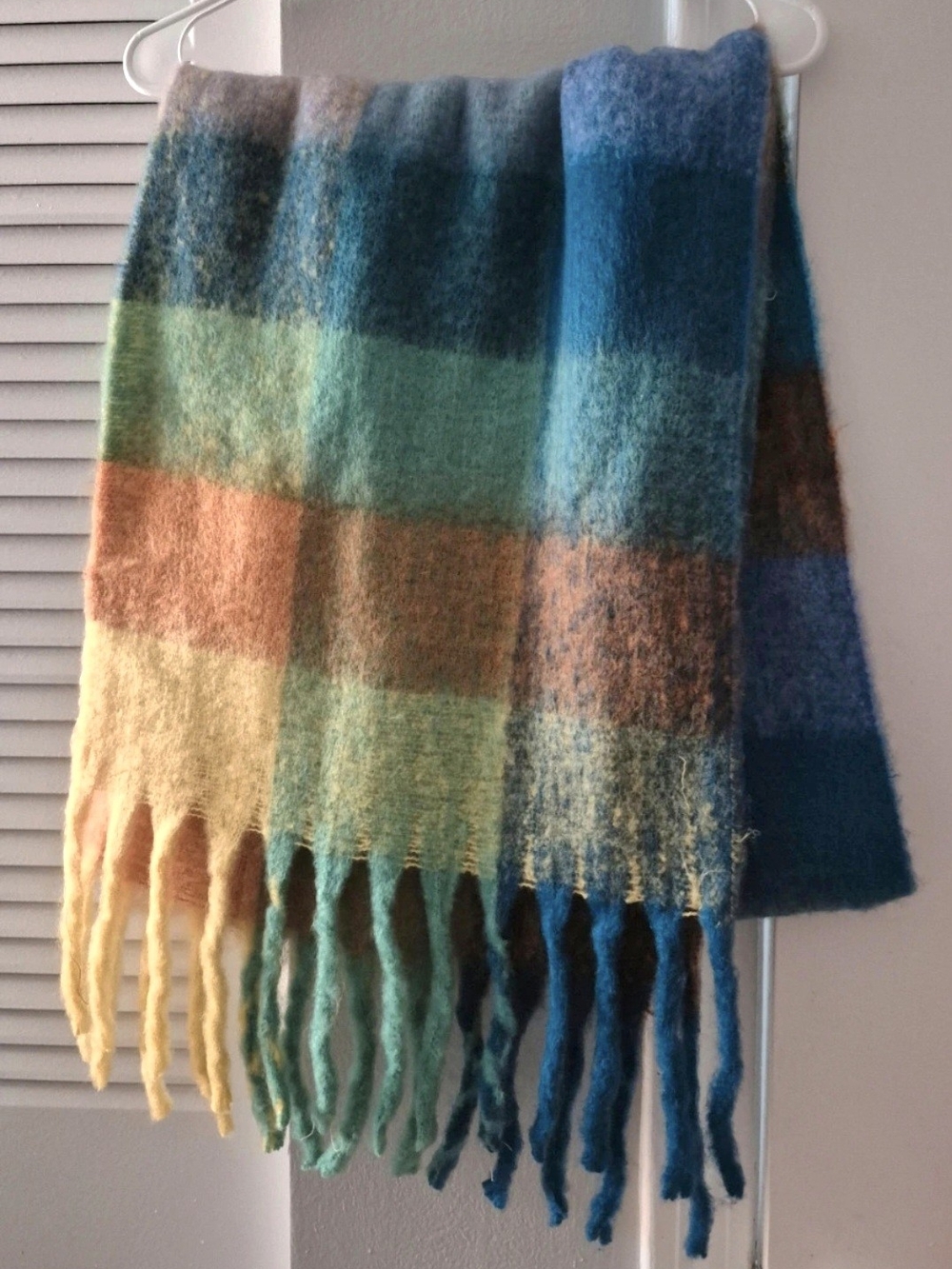 Blue Green Multicolor Plaid Fringe Throw Blanket -